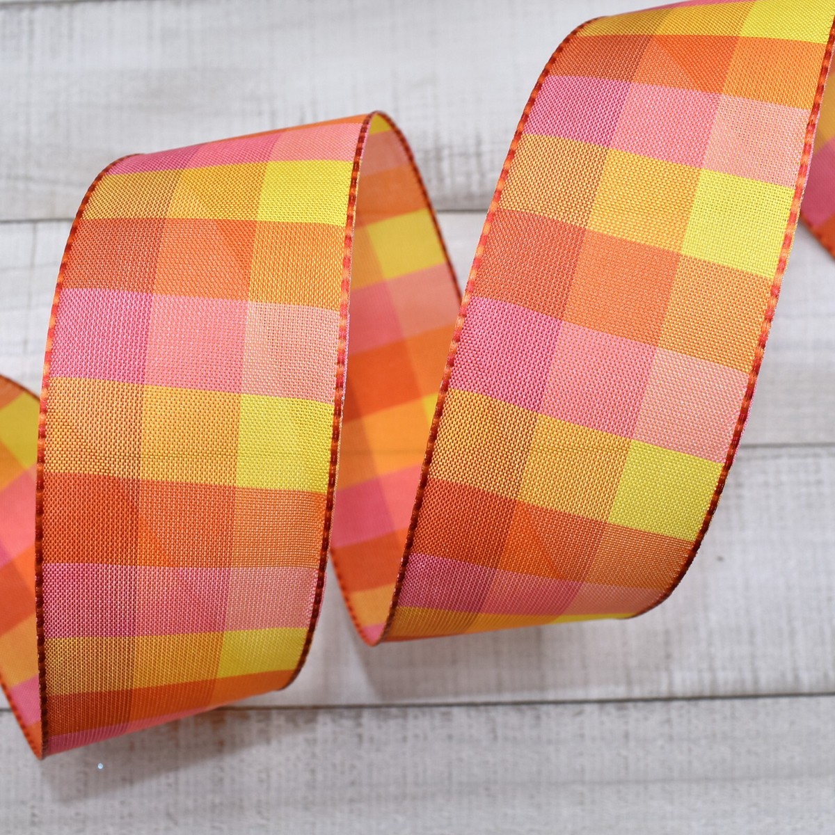 Orange Yellow Pink Plaid Wired Ribbon 1.5