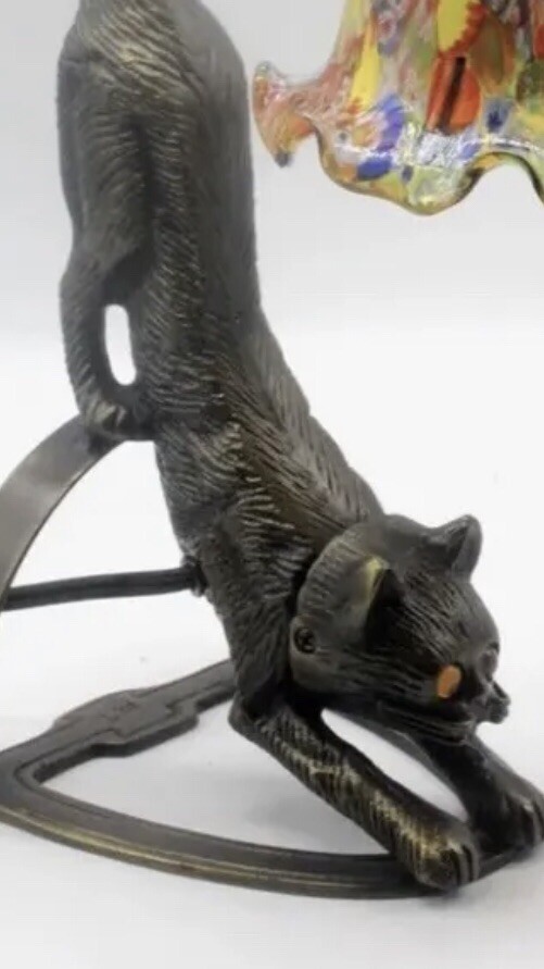 Bronze Tone Sculpture Cat Table Lamp with Glass Millefiori