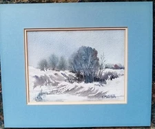ORIGINAL WC Painting OOAK  EDNA WOLPH - FEMALE NEBRASKA ARTIST WINTER LANDSCAPE