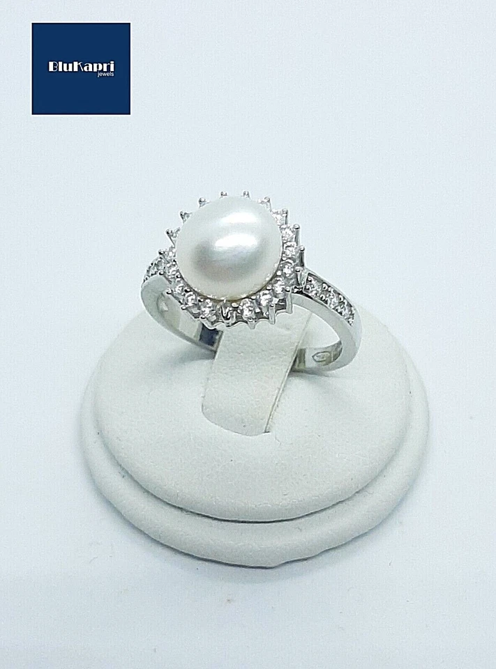 Anello donna argento 925 con perla e zirconi bianchi solitario fascia brillante - Immagine 2 di 4