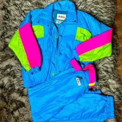 Slalom Vintage Ski Suit Women Neon Blue Pink Green Goose Down Puffer Set Good