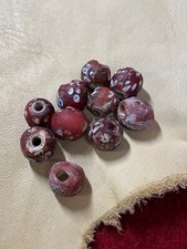 TEN 10 ORIGINAL, ANTIQUE VENETIAN GLASS RED FLORAL WHITE-HEART TRADE BEADS