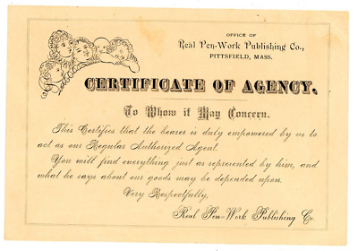 Real Pen-Work Publishing Co Pittsfield  Massachusetts Certificate of Agency