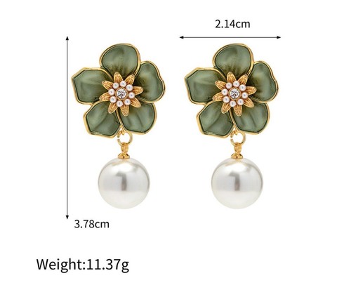 Enamel Pearl Camellia earrings Green 925 Silver Post Vintage womens jewelry NWT - Picture 8 of 8