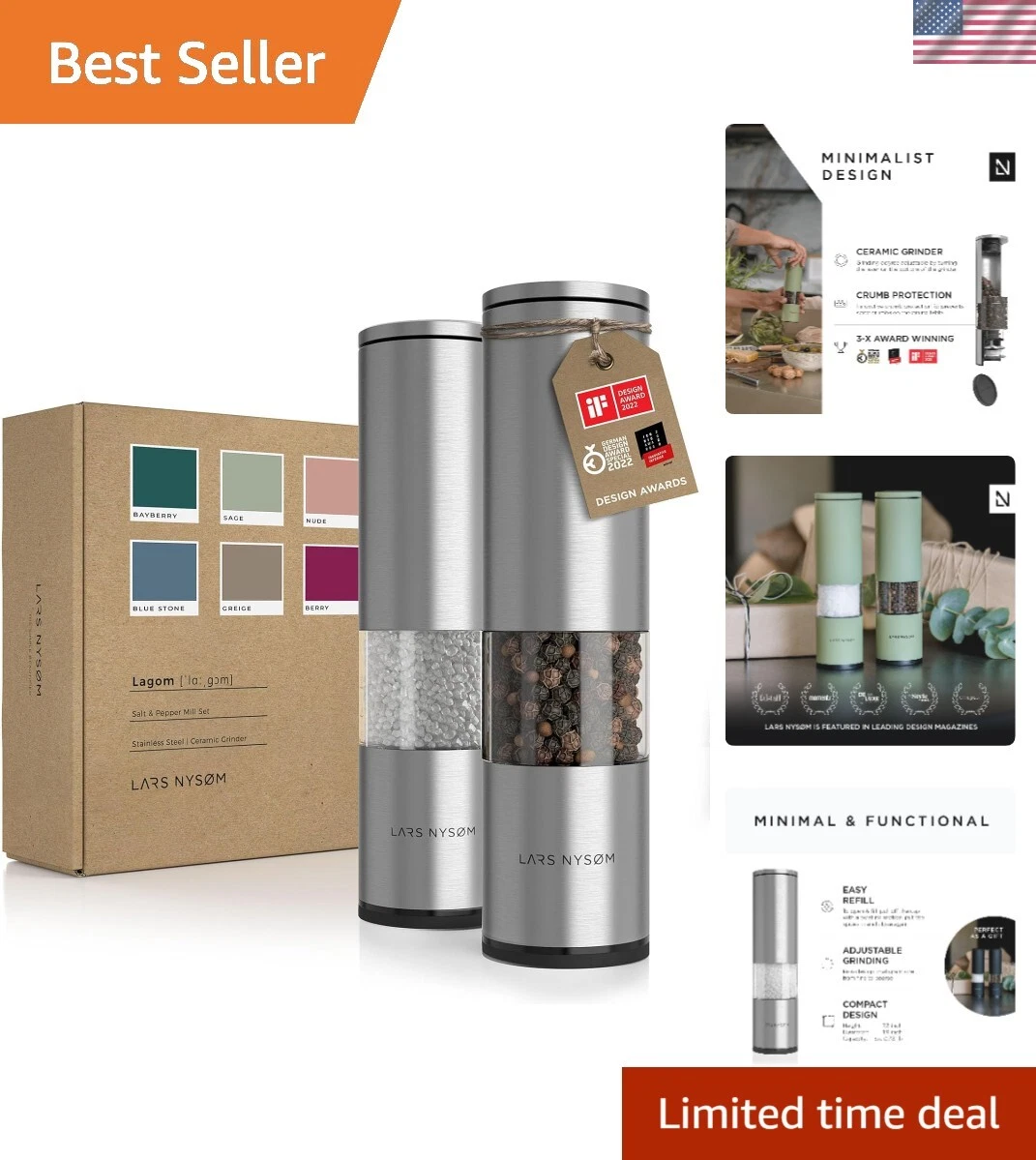 Salt and Pepper Mills Set Stainless Steel with Adjustable Ceramic Grinder 2 p...