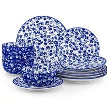12-Piece Blue Porcelain Dinnerware Set Service for 4 Gypsophila Pattern Bowls an