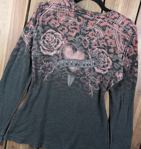 Affliction Vintage Y2K Herz Goth Grunge Femme Fatale Engel Thermo Shirt Large