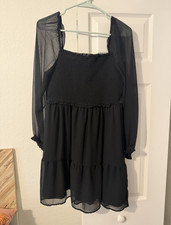 American Eagle Women's Black Solid Square Neck Smocked Sheer Ruffle Dress M