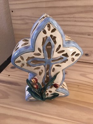 Blue Sky 2003 Porcelain 10  Cross w/Flowers Heather Goldminc Tealight Tulips
