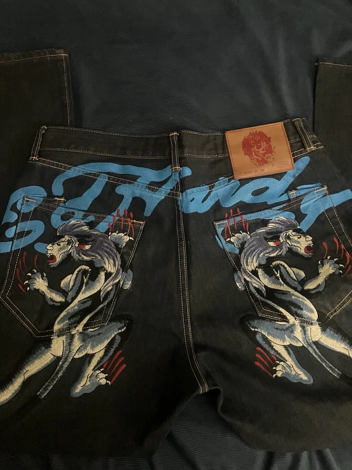Jeans holgados vintage Ed Hardy Blue Panther bordados pierna ancha 2009 Foto 3 de 4