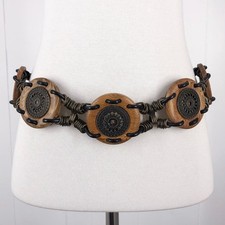 Concho Belt Chain Wood Mixed Media Adjustable Womens Size Small Boho Festival