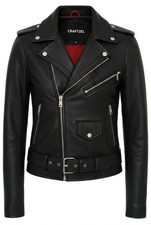 Men's Motorcycle Leather jacket Genuine Buffalo Skin Brando Style Black Biker