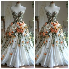 Forest Fairy Evening Dresses 3D Florals Sweetheart Floor Length Prom Gowns