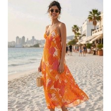 Mango Orange Pleated Floral Print Dress Sz 4 Flowy Resortwear Vacation Fairy
