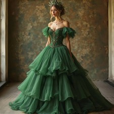 Dark Green Wedding Dress With Gold Crystal Beaded Tiered Tulle Bridal Gowns
