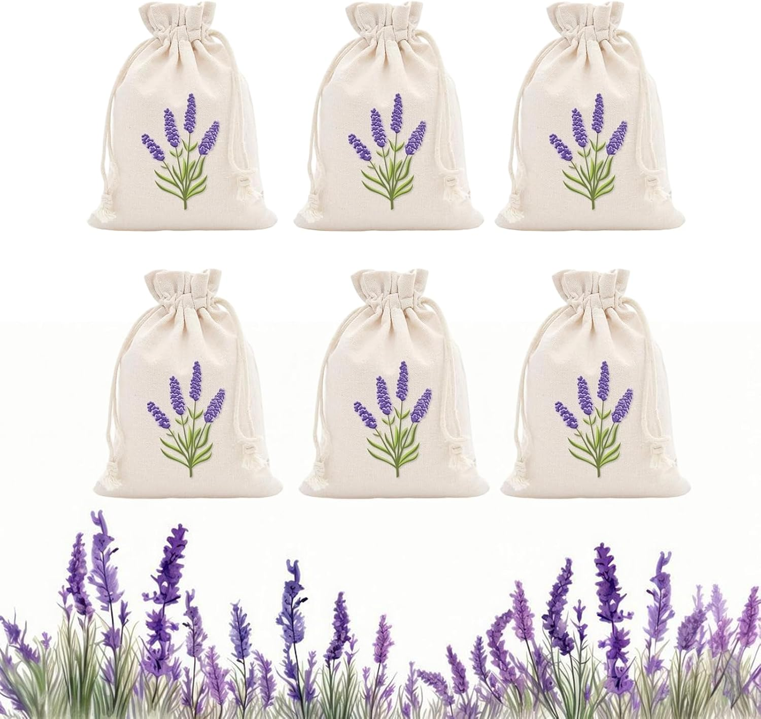 Lavender Scent Sachets 6 Pack Cotton Drawstring Bags for Closet Freshening