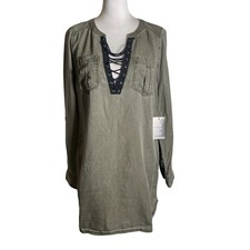 Express Shirt Dress Women Small Petite Green Lace-Up Long Sleeve V-Neck Pullover