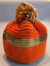 Vintage Orange Green Beige Striped Knit Acrylic Pom Pom Beanie Hat Classic 1970s