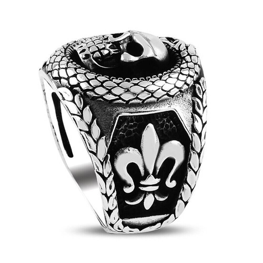 Solid 925 Sterling Silver Snake and Skull Design Men's Ring