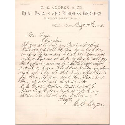 1892 Letterhead - C.E. COOPER & CO - Real Estate & Business Brokers - Boston