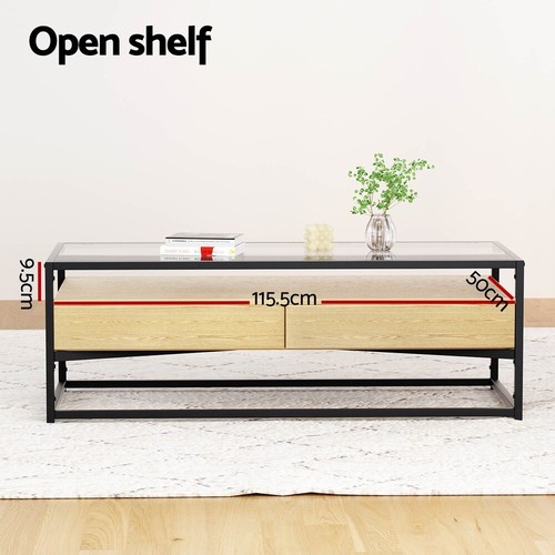 Artiss Coffee Table Square Glass Tabletop End Table 2 Drawers Storage Shelf Pine - Picture 5 of 8