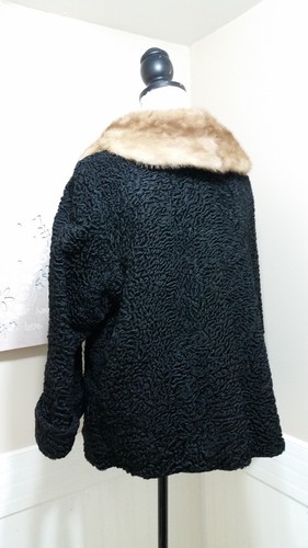 Black Genuine Persian Lamb Fur Coat Blonde Mink Collar Cropped Swing Box Pockets - Picture 3 of 12