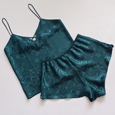 Vintage Lord Taylor Emerald Floral Jacquard Satin PJ Shorts Set Size Medium
