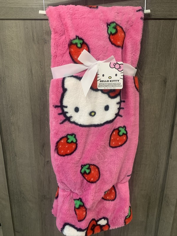 New Hello Kitty Pink Strawberry 50" x 70" Faux Rabbit Fur Throw Blanket With Tag