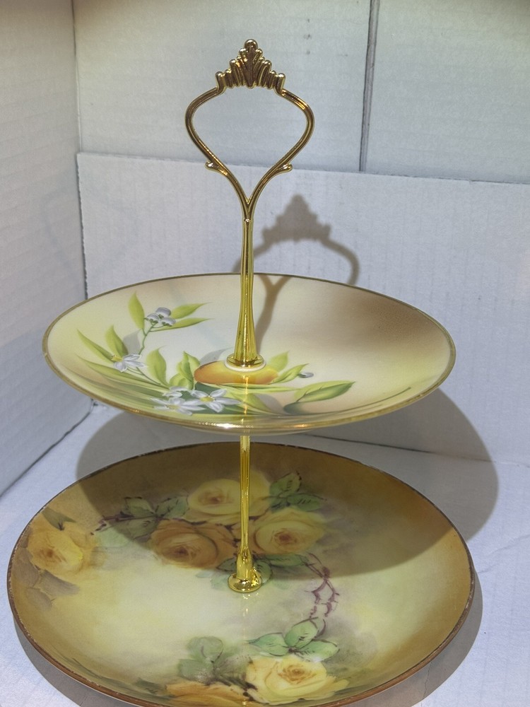 2-Tier Hand-Painted Serving Tray with Sauce and Bread Plates