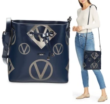 Valentino by Mario Valentino Logo Leather Bucket Crossbody Shoulder Bag Blue