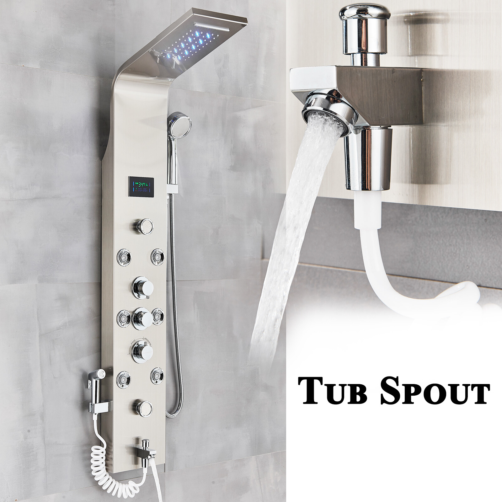 Stainless Steel LED Shower Panel Tower Rain&Waterfall Massage Body Jets System