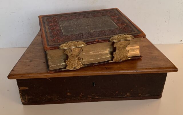 Antique Victorian Bible Box with Original Large Leather & Brass Bible Rev Brown