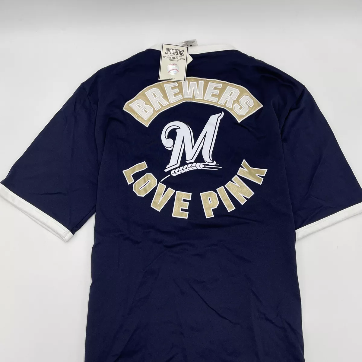 VICTORIA’S SECRET PINK MLB MILWAUKEE BREWERS OVERSIZE LACE UP VNECK JERSEY  NWT L