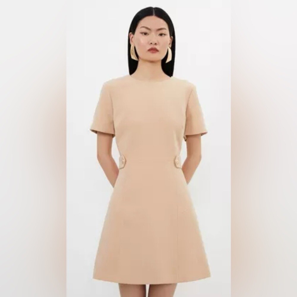 KAREN MILLEN Tailored Mini Dress Stretch Essential Waist Tab Button Camel NEW 12 thumbnail 3