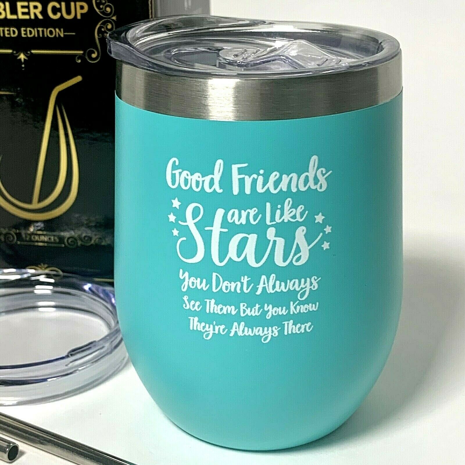 Kubbut Stainless Stemless Friendship Tumbler Good Friends Like Stars Aqua New