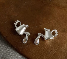 Cute Silver Teapot Earrings with Crystal Drops with S925 Posts
