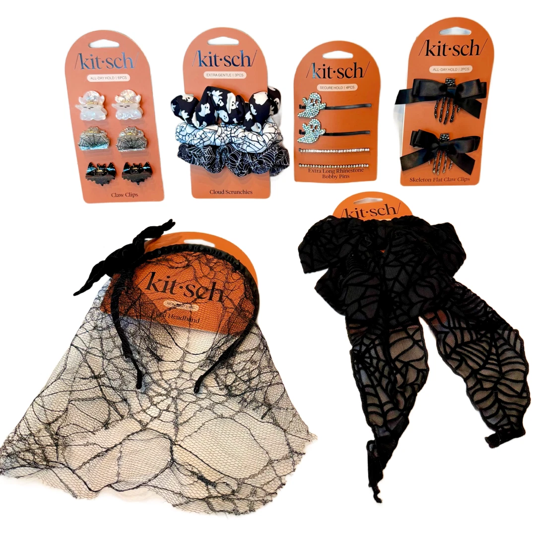 Kit•sch New Lot of 6 Sets Black Hair Barrettes, Clips & Scrunchies Spider Ghost Amazon.com : Halloween Scrunchies Spider Bat Demon Black  main image 2