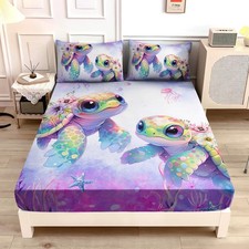 Twin Fitted Sheet Set Sea Turtle Bedding Set,Waterweed Jellyfish Starfish Pat...