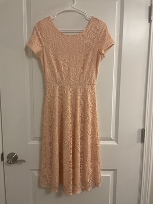 NeeSee's Dresses Boutique Peach Lace A-Line Dress Short Sleeve Knee Length  | eBay