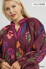 UMGEE Floral Print V Neck Open Collar Top -Burgundy Mix
