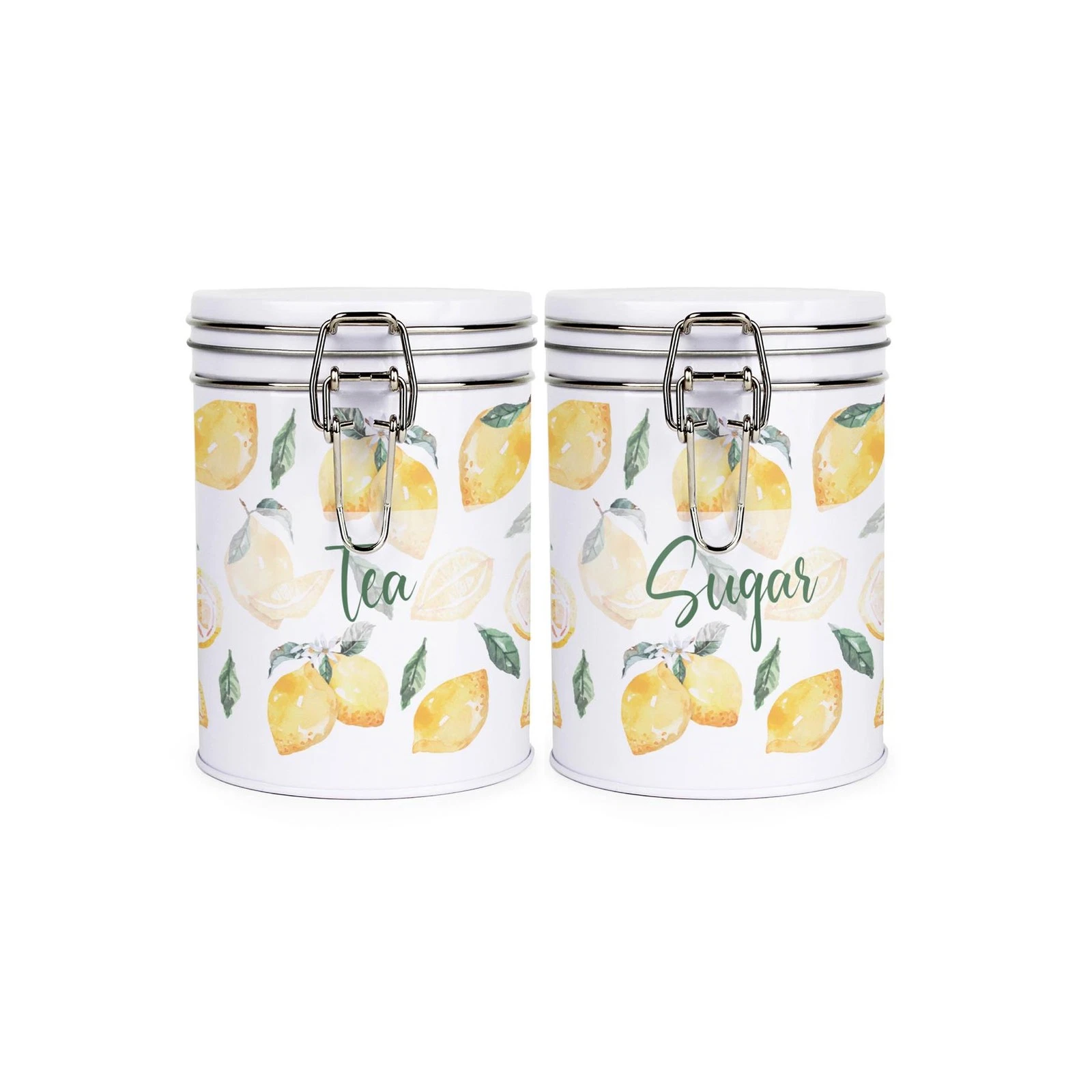 Lemon Print Tea & Sugar Canisters - Stylish Metal Clip-Lid Kitchen Storage Gift