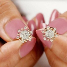 Moissanite Flower Stud Earrings 2 CT Round Cut 14K Yellow Gold Silver Plated