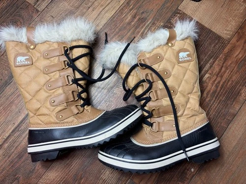 Sorel Tofino Cate Womens Snow Boots Size 7.5 Curry Black Faux Fur NL1937-374