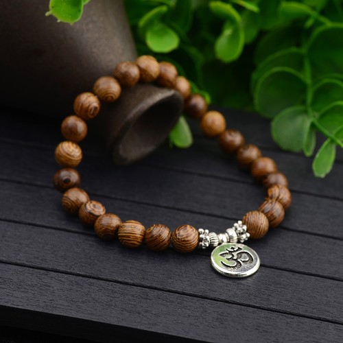 Natural Wood Stone OM Lotus Buddha Yoga Bracelets Chakra Mala Bead Luck Bracelet - Picture 5 of 17