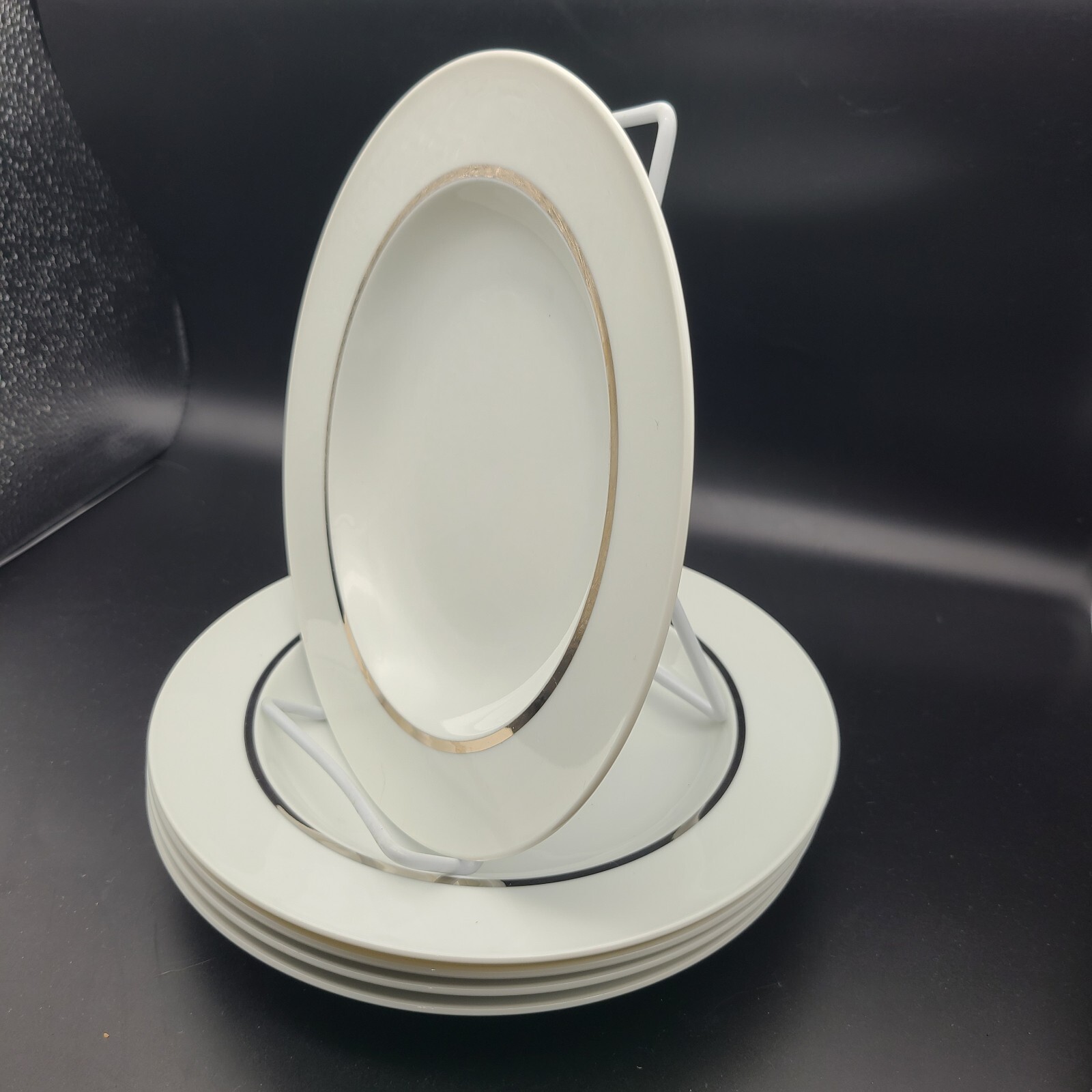 Rosenthal Set (5)  Deep Plates Pasta Bowls Porcelain White Silver Trim 9" New