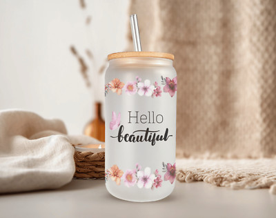 Hello Beautiful Multicolor Flowers Frosted Glass Can W Bamboo Lid 16 Oz  Mugzan