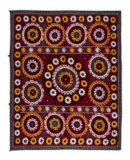 5.3x6 Ft Gorgeous Silk Suzani Wall Hanging in Red, Hand Embroidery Vintage Throw