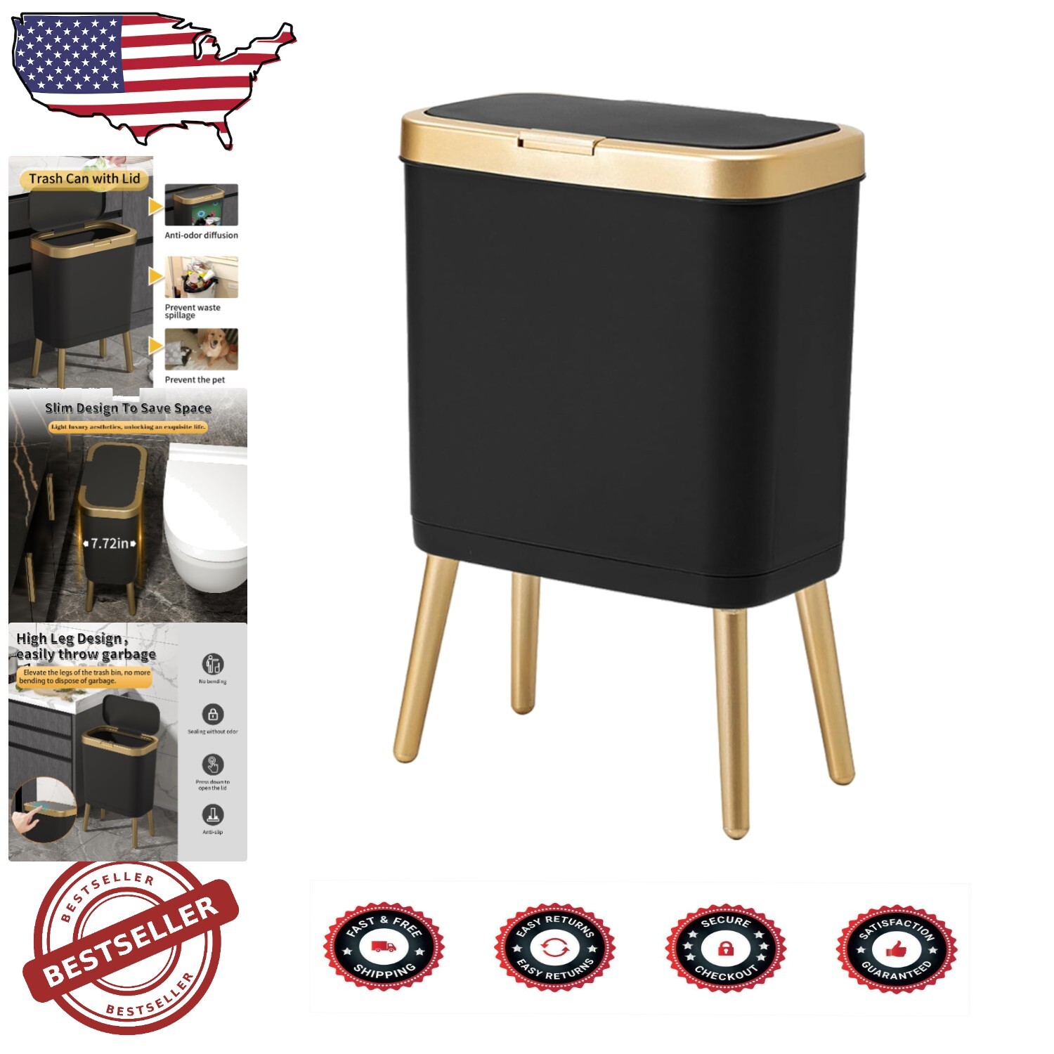 Narrow Rectangle Trash Bin with Lid - 4 Gallon Odor Seal & Easy Press Top