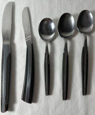 VTG Eldan Stainless Steel Flatware Japan 5 pieces Black Handle *Damaged* READ