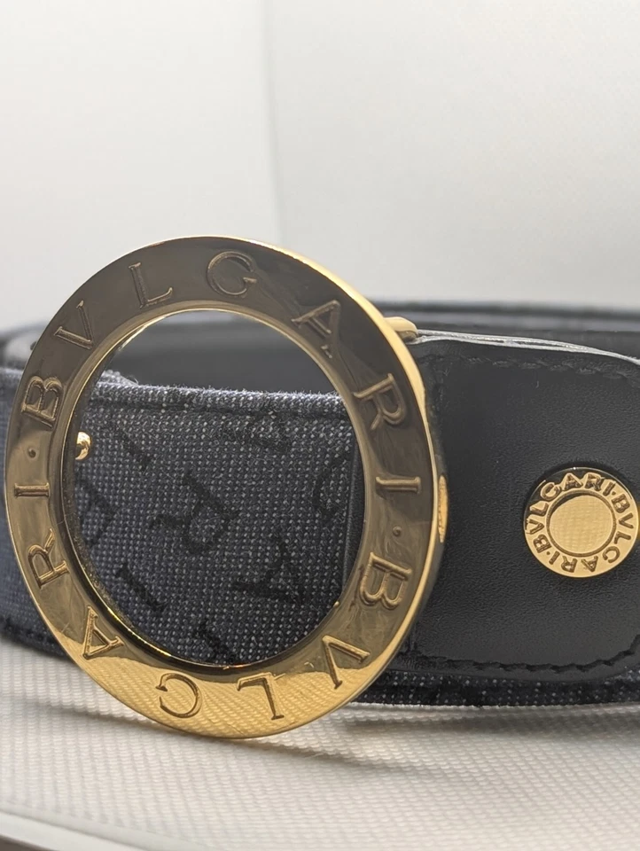 Cinturón Denim Azul Logomanía BVLGARI Hebilla Redonda Logo 70-75 XS/S Hecho en Italia Foto 2 de 4